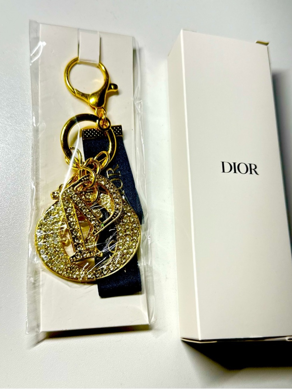 DIOR Gold Rhinestone-Studded Bag  Charm Key Holder with Navy Ribbon GWP NWB - Picture 4 of 11